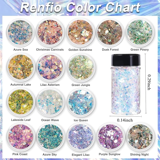 Renfio Opal Chunky Glitter, 1.75oz/50g Green Glitter, Dreamy High Sparkle Glitter for Crafts Holographic Fine Glitter Mix Iridescent Glitters Flake for Resin Nails Art Hair DIY Snow - Green Pinery