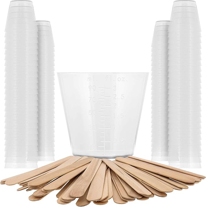 Pouring Masters 3 Oz (90 ml) Liquid Measuring Cups - Plastic Graduated Cup (100 Pack) with 25 Sticks - Reusable Mixing Cups for Paint, Craft, Kitchen, Lab, Medical Supplies, Epoxy Resin, Art