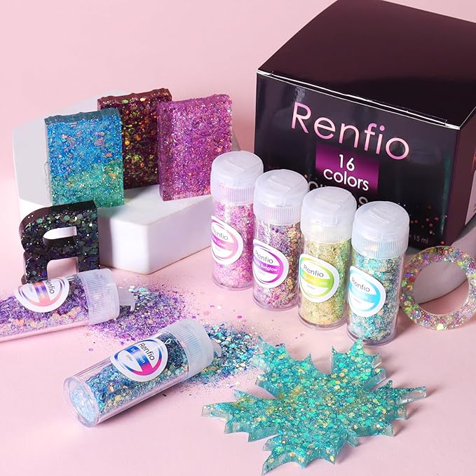 Renfio Opal Chunky Glitter Set - 16 Dreamy Amber Colors, 10g Each - Holographic Fine Glitter Mix, Iridescent Flakes for Snow Globe, Tumbler, Nail Art & DIY Crafts