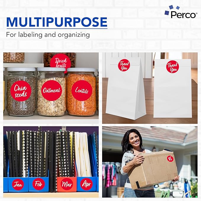 Perco Red 3-Inch Round Circle Dot Sticker Labels - Multi-Roll Pack (3 Rolls, 500 Labels Each) - Permanent Adhesive, Vibrant Colors, Strong Hold - Perforated for Easy Use - Made in USA