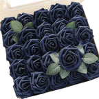 Floroom Artificial Flowers 50pcs Real Looking Navy Blue Foam Fake Roses with Stems for DIY Wedding Bouquets Bridal Shower Centerpieces Floral Arrangements Party Tables Home Decorations
