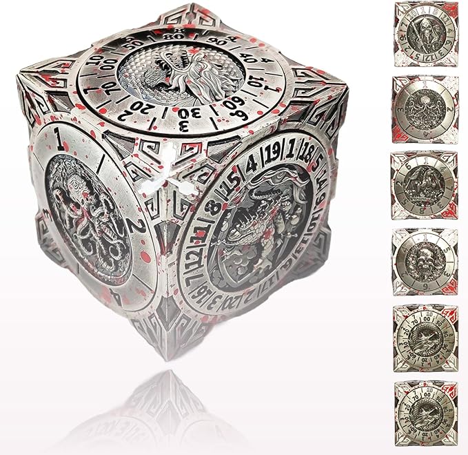 6 Sided Spinner DND Dice - Metal D4 D6 D8 D10 D10% D12 D20 All in One D&D Set - Cool Role Playing Gifts for Dungeons and Dragons TRPG MTG Games Lover Players (6 Sided-Bloodstained)