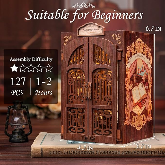 CUTEBEE Book Nook Kit - DIY Miniature House Dollhouse Kit for Adult and Teens, Booknook Bookshelf Decor Alley Model Build with LED Light, Gifts for Family and Friends (Bookshop Memories)