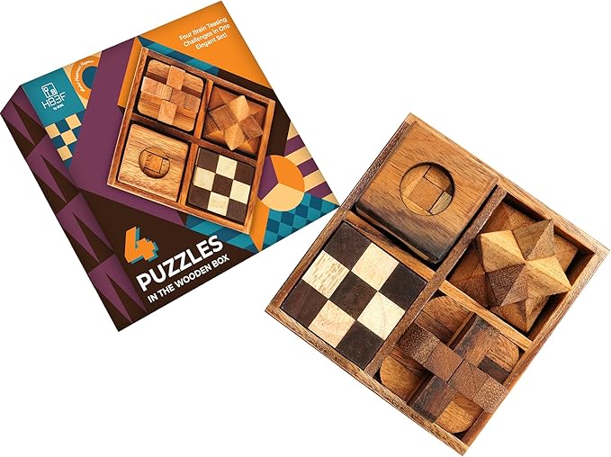 BSIRI Wooden Puzzle Box Set (4 Games) - Challenging Brain Teasers 3D Puzzles for Adults, Interlocking Games for IQ Test. Ideal for Rustic Patio Decor, Unique Gift for Christmas and Birthdays