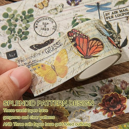 24 Rolls Vintage Washi Tape Set, Floral Letter Butterfly Mushroom Botanical Flower Writable Decorative Tapes for Scrapbooking , Junk Journal supplies, Bullet Journaling 5-75mm Wide 9.84ft long/Roll