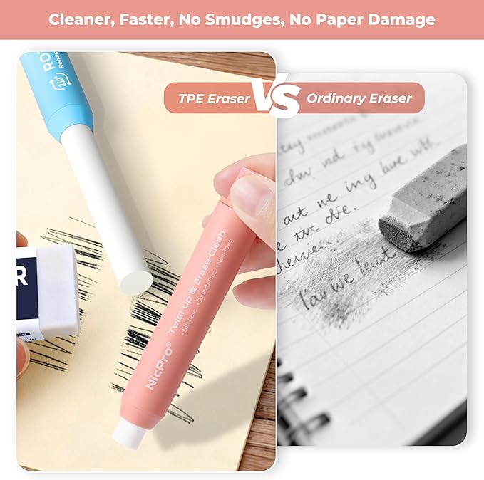 Nicpro 6 Pack Rotary Retractable Erasers Pen Style, Aesthetic Pastel Twist Erasers in Rainbow Colors, Clean Erasing TPE Eraser for School Supplies, Office, Drawing & Journaling