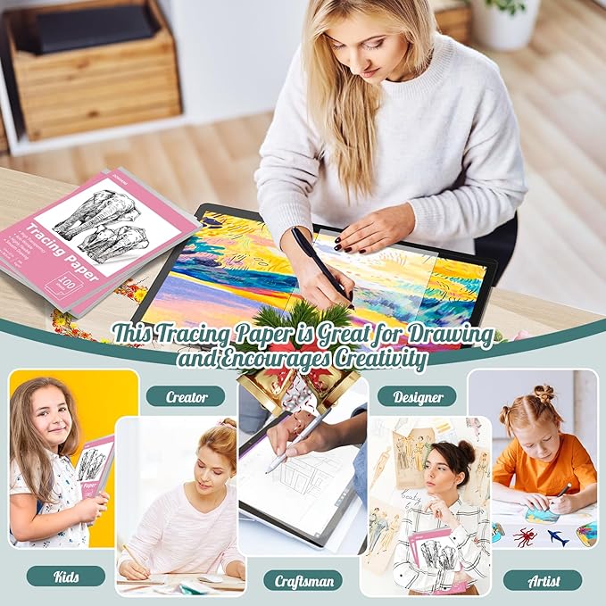 Tracing Paper 9x12 inch, 100 Sheets Transparent Vellum Paper for Tracing Pads, Translucent Tracing Paper for Pencil, Marker and Ink - Trace Images, Sketch, Preliminary Drawing, Overlays, Pink