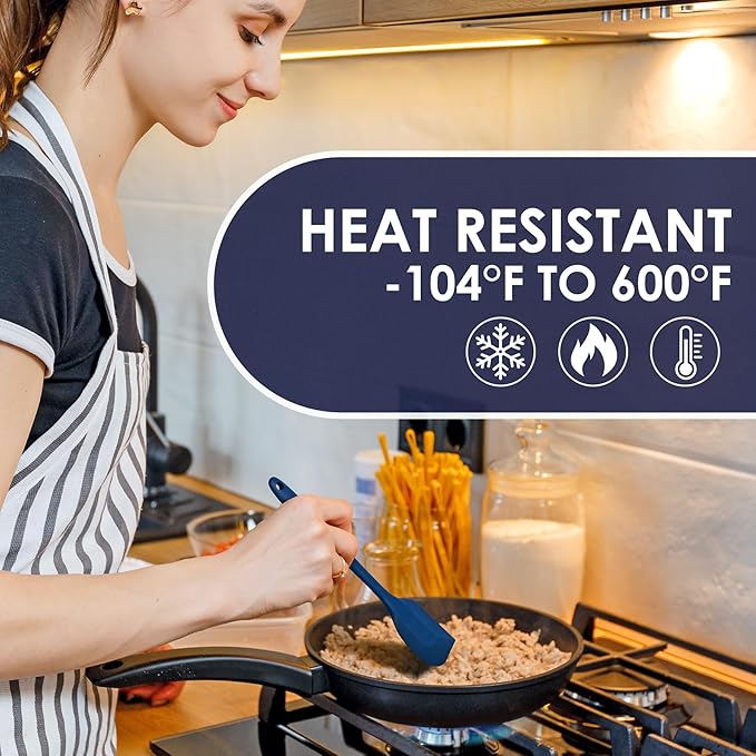 Heat Resistant 600℉ Silicone Spatula, Turner Mixing Spatulas set BPA Free Dishwasher Safe for Nonstick Cookware, Classic Blue