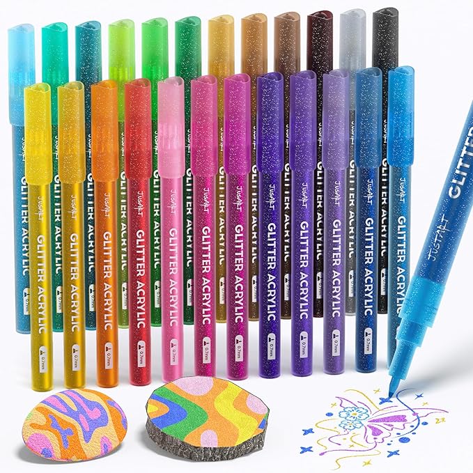 JusArt 24 Colors Glitter Markers, 0.7mm Extra Fine Tip Acrylic Glitter Pens, Metallic Shimmer Marker for Kids Adults DIY Crafts Making, Drawing, Scrapbooking Supplies, Rock, Wood, Glass, Fabric