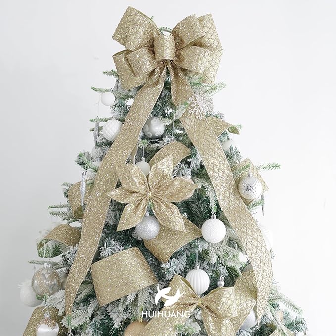 HUIHUANG Champagne Glitter Wired Ribbon for Christmas Tree 2.5 inch Champagne Gold Diamond Mesh Ribbon for Tree Decoration, Wreaths, Garland, Gift Wrapping, Bows Making, Home Decor -10 Yards