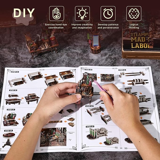 Book Nook Kit - DIY Miniature House Dollhouse Kit for Adults and Teens, Steampunk Booknook Tiny House Bookshelf Decor 3D Wooden Puzzle (Mad Scientist Lab)