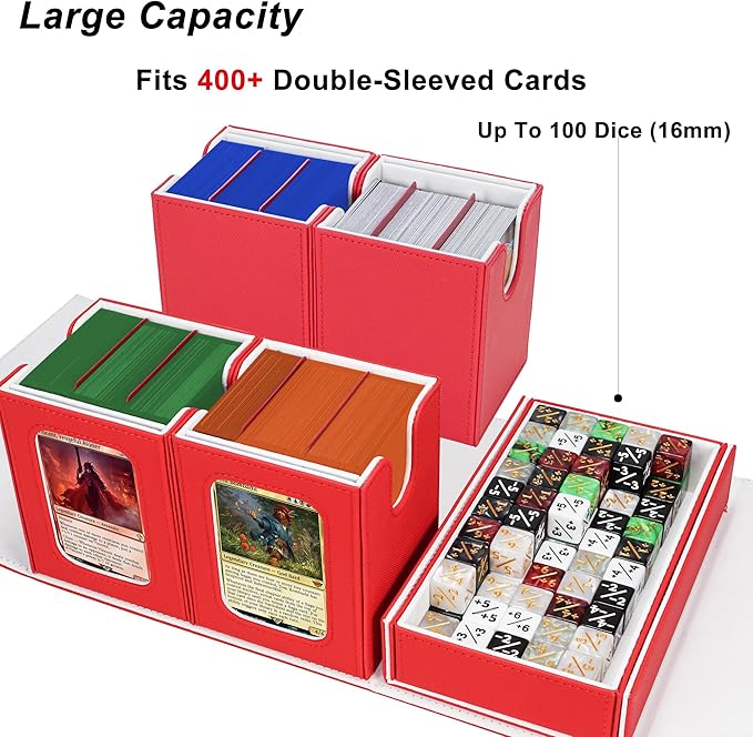 AFIING Commander Deck Box for MTG/EDH, Fits 400+ Double-Sleeved Cards, with Display Window, 4 Removable Deck Cases, Dividers, Dice Tray & Handle, Card Holders for TCG (White Red)