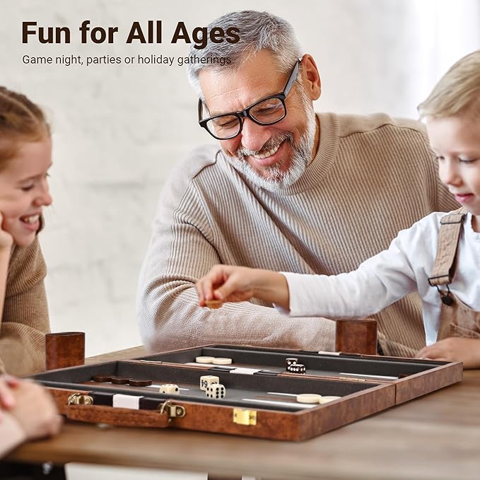 ropoda Backgammon Board Game Set (15 Inches) for Adults and Kids - Classic Board Strategy Game - Portable and Travel Backgammon Set with Premium Leather Case - Best Strategy & Tip Guide