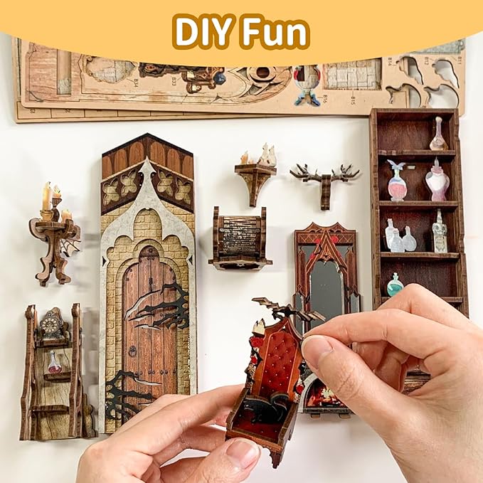 DIY Book Nook Kit,Dollhouse Booknook Bookshelf Insert Decor,3D Wooden Puzzles with LED Dust Cover,Book Nook Miniature Kit,Birthday Halloween Home Decor for Teens Adult-Moonlight Castle