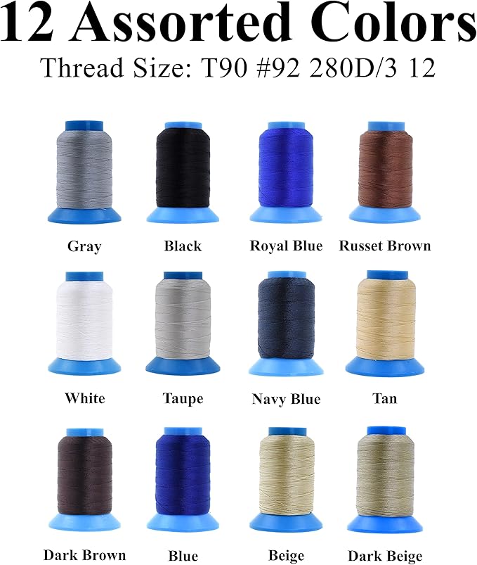Mandala Crafts Bonded Nylon Thread 12 Neutral Colors Heavy Duty Sewing Threads - 2400 YDs Size 92 280D T90 Tex 90 Thread for Leather Jeans Weaving Outdoor Marine Upholstery Threads
