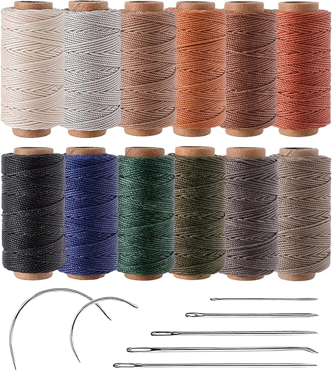 12 Classic Colors Round Waxed Thread, 0.8mm 35Yards Spool Polyester Wax Coated Cord Heavy Duty String for Leather Sewing, Stitching, Bookbinding, Upholstery Repairing and Micro Braiding
