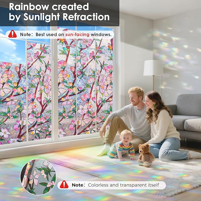 Window Privacy Film Rainbow Film Stained Glass 3D Static Cling Decorative Window Sticker for Bathroom,Front Door,Home Heat Control UV Blocking Non Adhesive,Peach Blossom 35.4 x 78.7inches