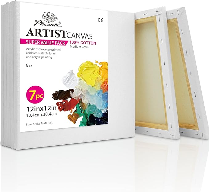 PHOENIX Stretched Canvas for Painting 12x12 Inch/7 Value Pack, 8 Oz Triple Primed 5/8 Inch Profile 100% Cotton White Blank Canvas, Square Framed Canvas for Oil Acrylic & Pouring Art
