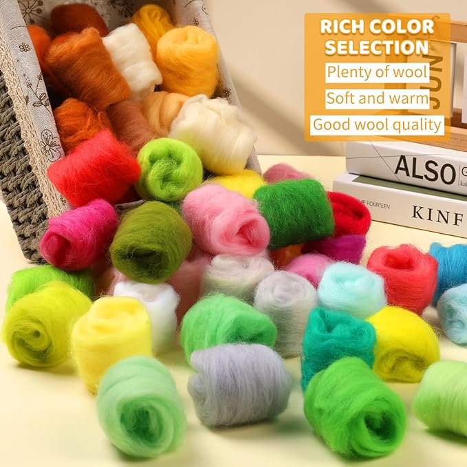 WONVOC 100 Colors Needle Felting Wool, Wool Roving 3g per Color, 10.5 oz Total, Premium Felting Wool for DIY Craft, Fiber Art and Hand Spinning, Needle Felting Supplies, Felting Kit