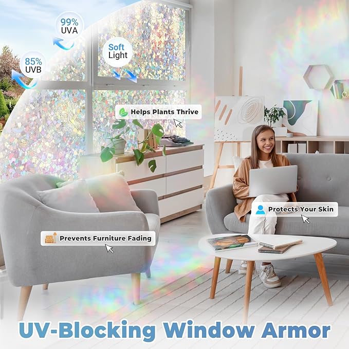 DOWELL Window Privacy Film Rainbow Film, Stained Glass Decorative Sticker, Static Cling Non-Adhesive Glass Clings, Sun Blocking Heat Control Window Coverings for Home Door, 17.5" x 118.1"