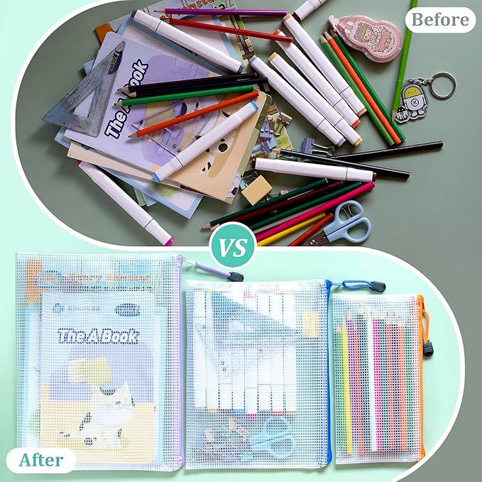24pcs Mesh Zipper Pouch Bags, A5 9.4x7.1 Inches, 8 Colors, Organizing Pouches for Classroom, Home, Office & Puzzle Storage