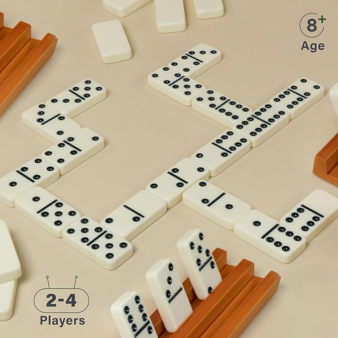 Queensell Dominos Set for Adults with 4 Domino Racks - Double 6 Dominoes Set with Domino Holder, Classic Board Games for Kids and Adults - Double Six Standard Dominos Set 28 Tiles with Travel Case