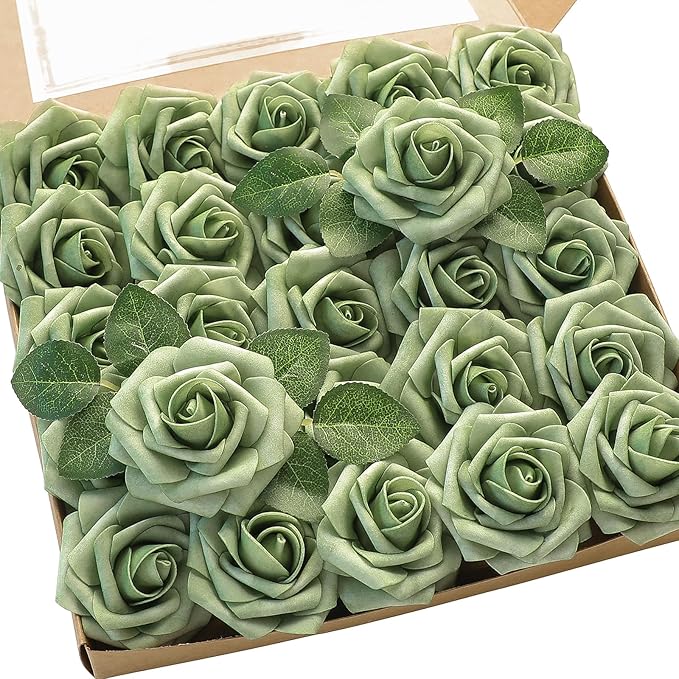 Floroom Artificial Flowers 25pcs Real Looking Elf Green Foam Fake Roses with Stems for DIY Wedding Bouquets Bridal Shower Centerpieces Sage Green Floral Arrangements Home Decorations