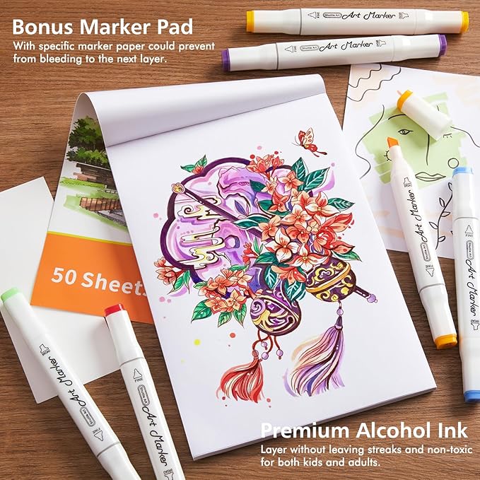 172 Colors Alcohol Based Dual Tip Art Markers, 171+1 Blender Permanent Marker Pens Plus 1 Marker Pad 1 Case Perfect for Kids Adult Artist Coloring Books Drawing Sketching and Card Making