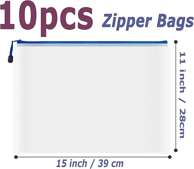 AUSTARK 10 Pcs Zipper File Bags, Waterproof Plastic Mesh Pouch for Office School, Board Game Storage Bags (B4 Size 15''x11'', White and Blue)