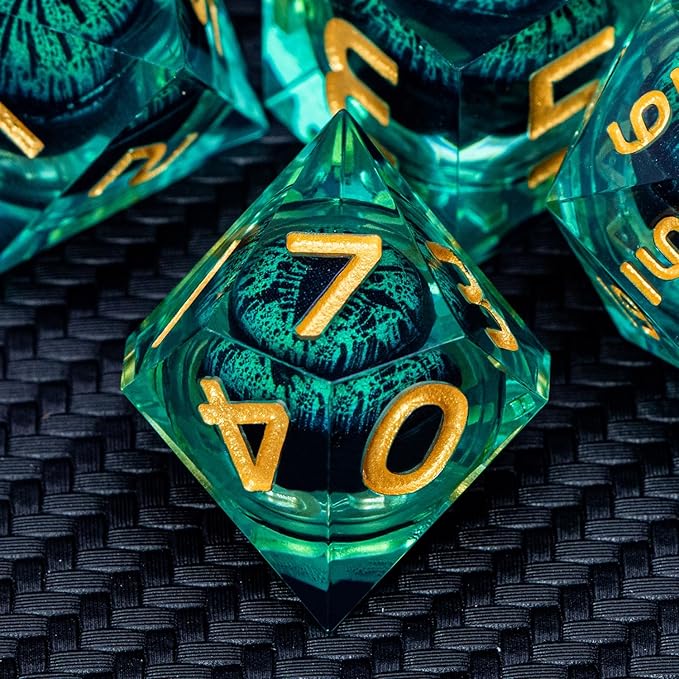 ARUOHHA Dragon Eye Dice Liquid Core DND Dice Green Sharp Edged Dice Set with Gift Box, Polyhedral D and D Dice Set Role Playing Game D20 D12 D10 D8 D6 D4
