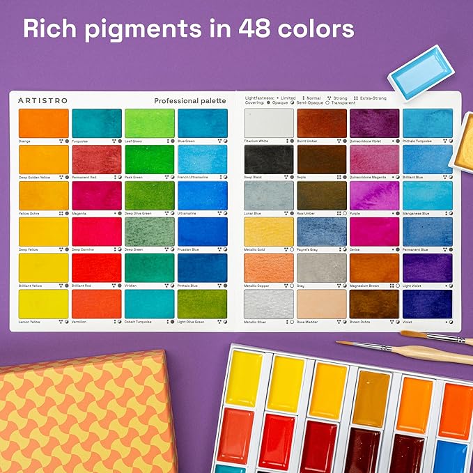 ARTISTRO Professional Watercolor Paint Set for Adults - 48 Pigment-Rich Colors, XL Pans, ASTM-I Lightfastness, High Tinting Strength Watercolor Set for Professionals made by professionals