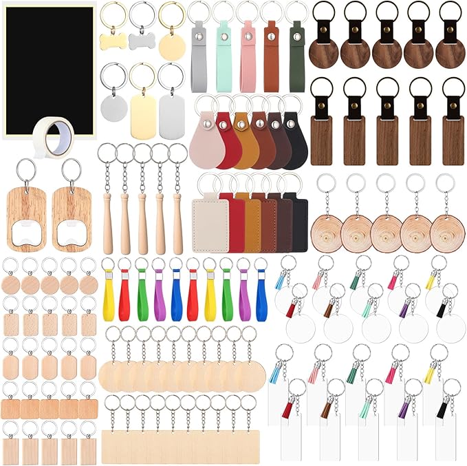 Tondiamo 122 Pcs Laser Engraving Blanks Keychains Bulk Laser Cutting Engraving Materials Accessories Including Wood, Stainless Steel, Acrylic, PU Leather, Silicone and Marking Paper Tape for Laser