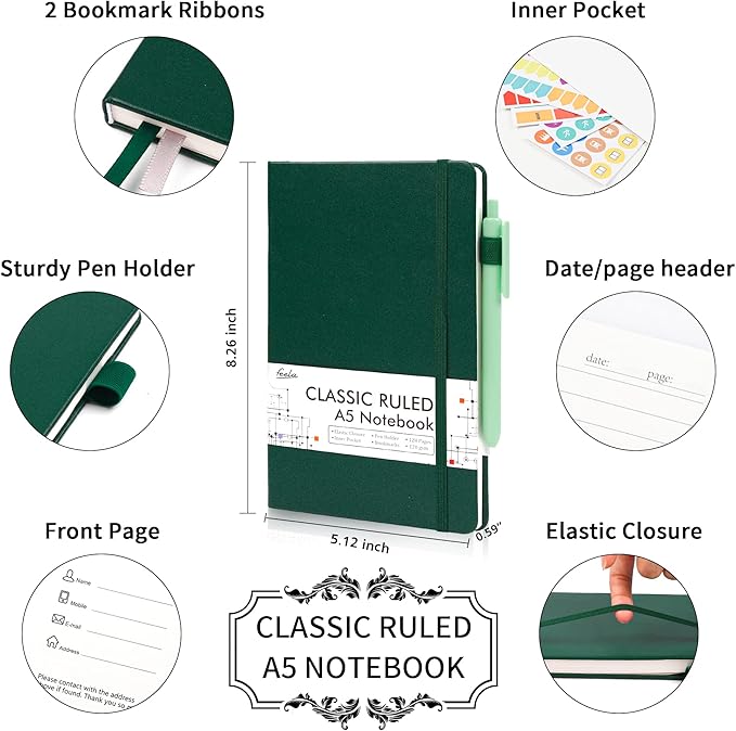 feela 5 Pack Journal Notebook Bulk for School, Hardcover Business Notebooks Classic Ruled Lined Journals with Pen Holder for Work Note Taking, with 5 Black Pens, 120 GSM, 5.1”x8.3”, A5, Dark Green