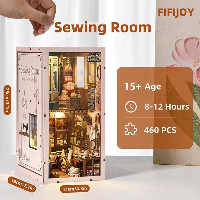 Book Nook Kit - Sewing Room DIY Miniature House Dollhouse Kit for Adults and Teens, Booknook Tiny House Bookshelf Decor 3D Wooden Puzzle, Gifts for Family and Friends