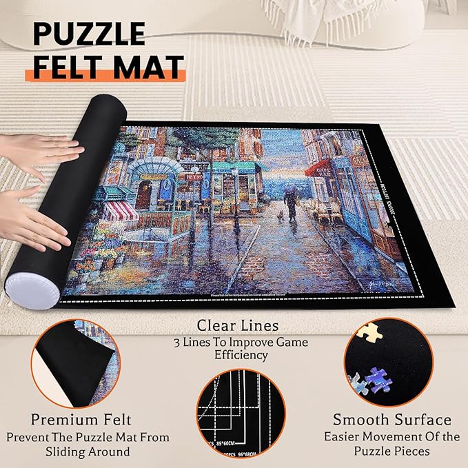 Jigsaw Puzzle Mat Roll Up - 3000 2000 1500 1000 Pieces Puzzel Matte, Black Felt Roll-Up Puzzles Felt Save Mats Trays for Sorting Board Clear Sheets and Frame Keeper for Adults