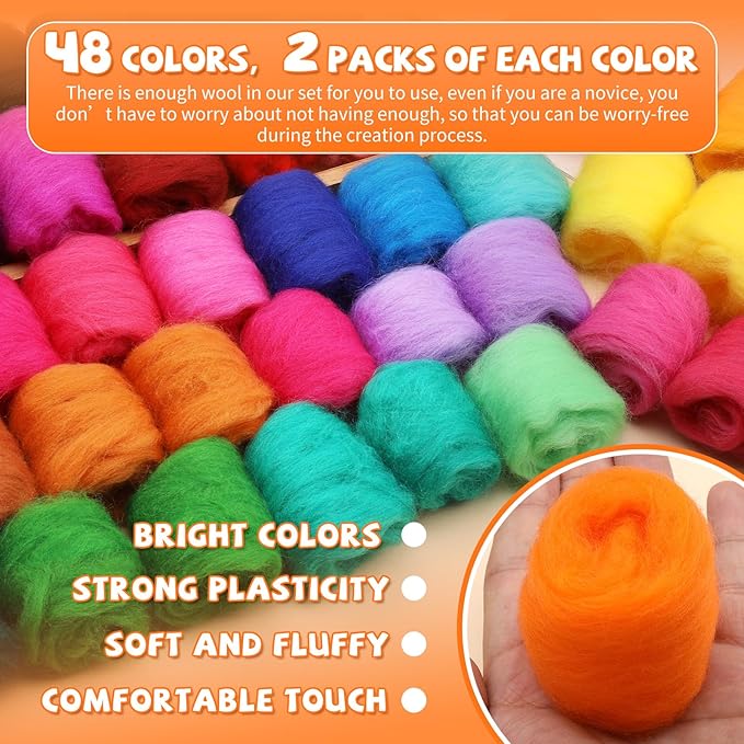 Mayboos 96 Pcs Needle Felting Wool, 48 Colors Wool Roving Yarn, Fiber Wool Roving for DIY Hand Spinning Needle Felting Wool Craft 3g/Pack