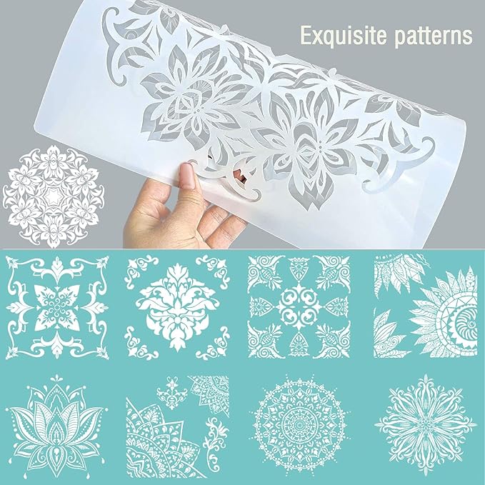 9 Pack Large Reusable Stencil Mandala Stencil Laser Cut Painting Template for Wood Wall Floor Tile Fabric Crafts Furniture Stencils Painting(12x12 Inch)