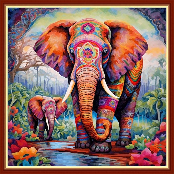 Foxhool Beginners Cross Stitch Kits Stamped Full Range of Embroidery Kits for Adults DIY Cross Stitches kit Embroidery Patterns for Needlepoint kit-Colorful Elephant 17.7x17.7 inch