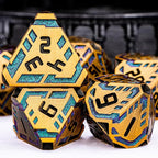 Metal DND Sci-fi Dice Set 7PCS Stripe Polyhedral Dice for Dungeons Dragons RPG Role Playing Game, Glitter D and D Dice with Gift Box D6 D8 D10 D12 D20 (Ancient Gold&Green Purple)