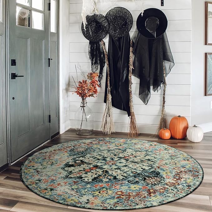 Lahome Bohemian Floral Medallion Round Rug - 4Ft Entryway Round Area Rug Soft Bathroom Circle Mat, Teal Turkish Non Slip Machine Washable Indoor Accent Carpet for Bedroom Kitchen Coffee Table