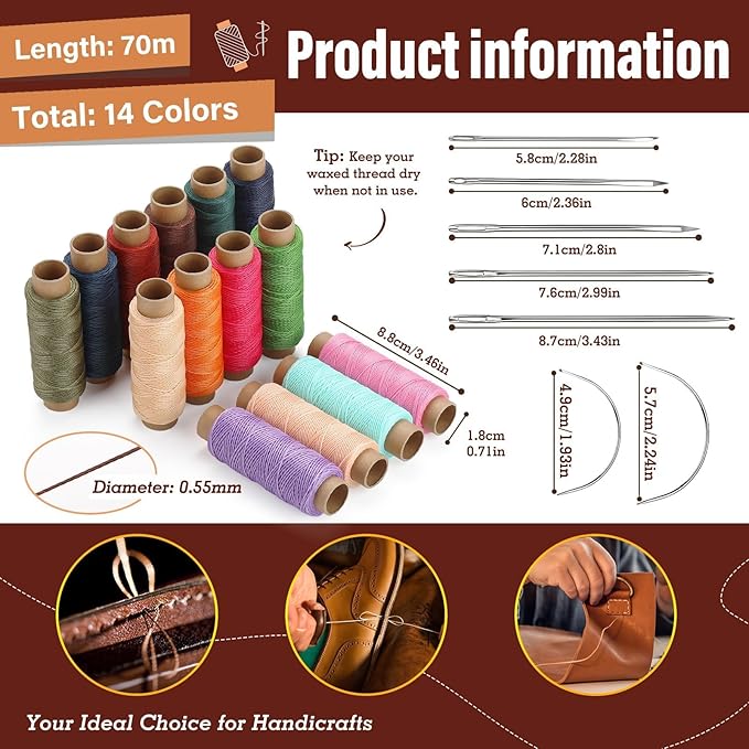 0.55 mm Round Waxed Thread, 14 Colors 76 Yards Spool Wax Coated String, Leather Sewing Waxed Thread for Sewing, Stitching, Beading, Bookbinding, Bracelet, Braiding