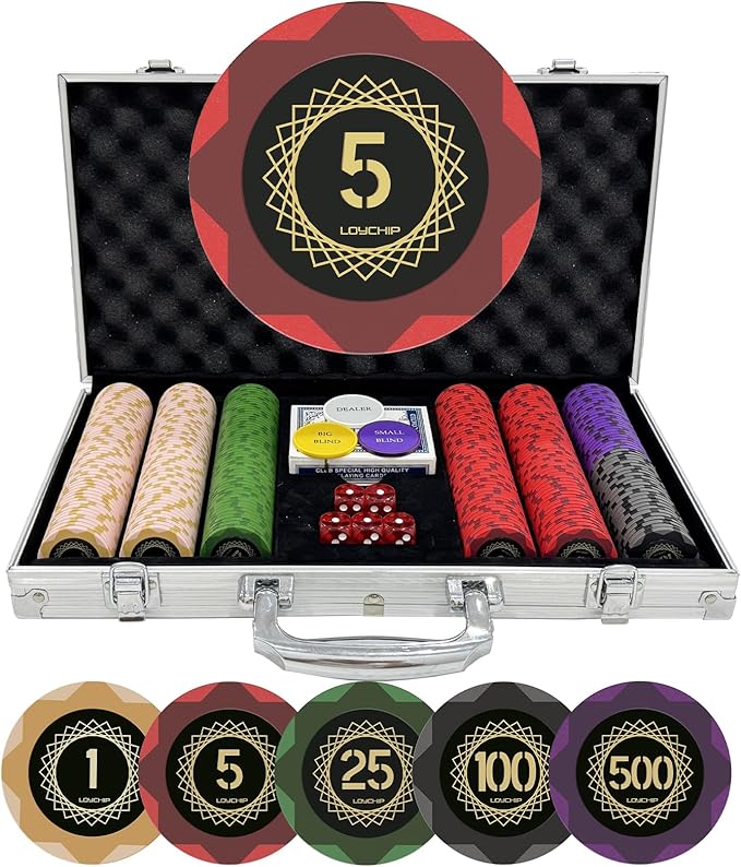 Clay Poker Set with Numbered Chips 300-pcs for Card Board Game, 14g Weight with Playing Cards for Texas Hold'em, Blackjack Gambling, Late Night Poker Games