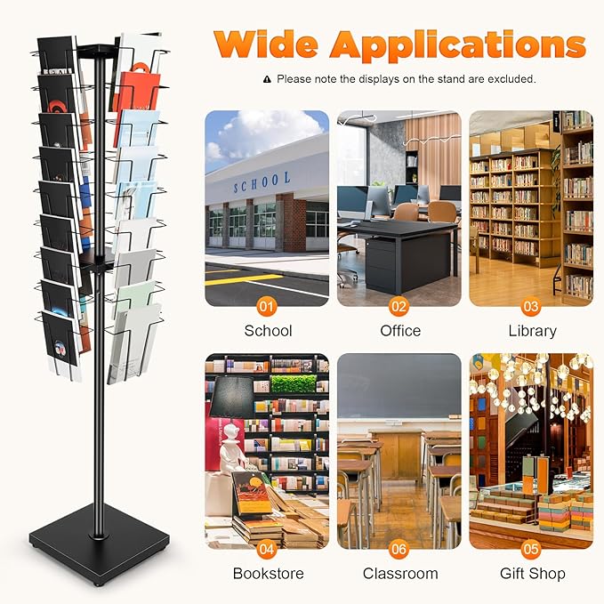 36 Pockets-360°Rotating Magazine Rack Holder Floor Comic Book Brochure Display Stand Flyer Storage Pamphlet Catalog Literature Organizer for Retail Store, Malls, Office, Trade Show Exhibition