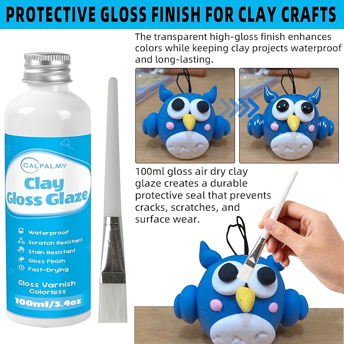 CALPALMY 100ml Gloss Air Dry Clay Glaze with 29pcs Clay Tools Kit – Clay Varnish Sealant for Surface Protection, Pottery and Sculpting Tools for Carving, Shaping, and Molding Crafts