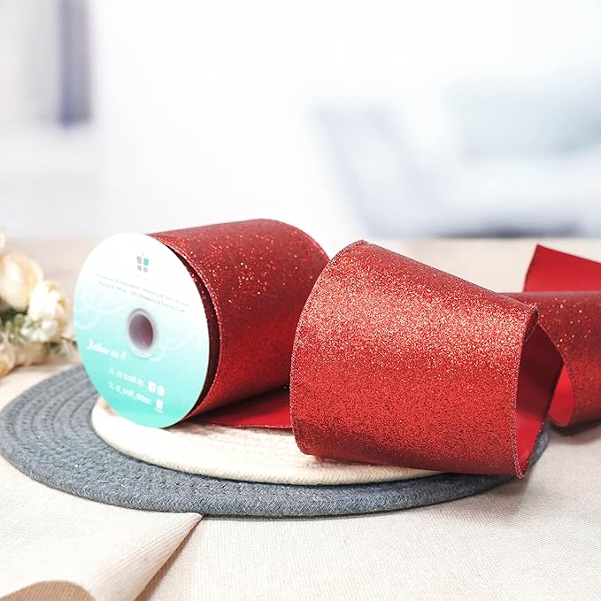CT CRAFT LLC Glitter Wired Ribbon 4" x 10 Yards Red for Christmas Home Decor Bow Gift Wrapping DIY Crafts Wreath