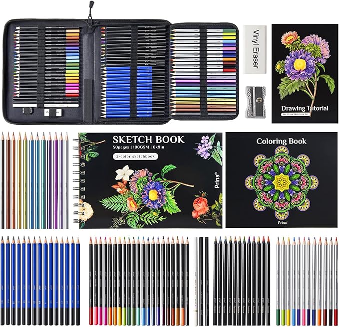 PRINA 81 Drawing Set Sketching Kit, Pro Sketch Pencils Art Supplies with Rainbow, Colored, Graphite, Watercolor, Metallic, Charcoal Pencil, Sketchbook, Coloring Book, Gift Case for Artists Adults Kids