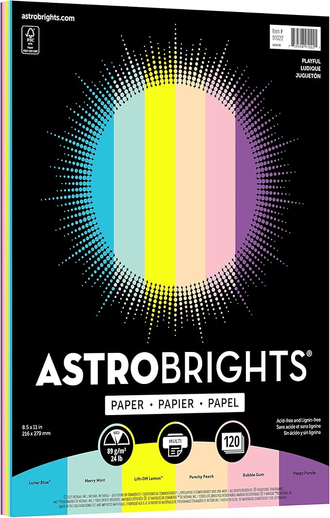 Astrobrights Colored Paper, 8.5" x 11", 24 lb/90 gsm, Playful 6-Color Assortment, 120 Sheets (91022)