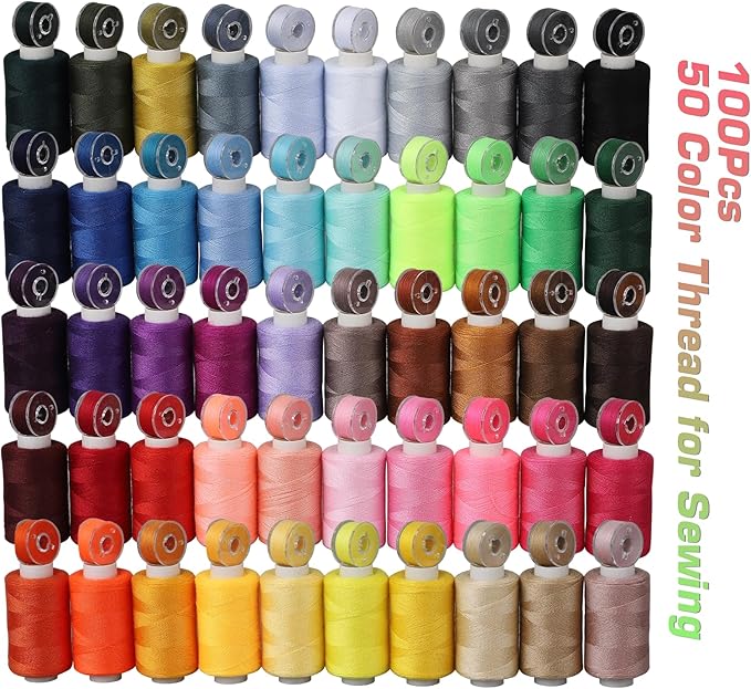 Blibly 100pcs Bobbins Sewing Threads Kit, 500 Yard Polyester Threads, Prewound Bobbins with Case, 50 Colors