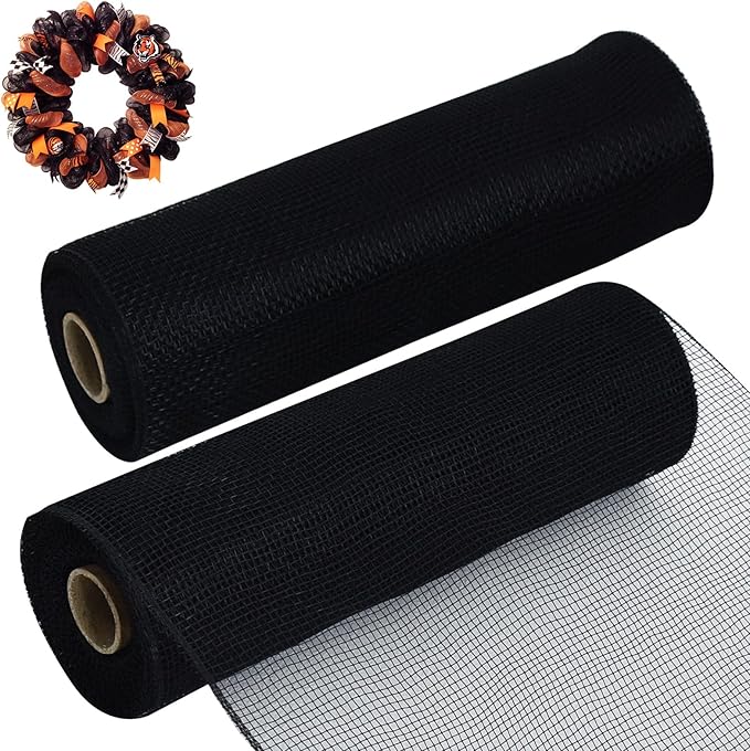 TONIFUL 2 Rolls 10 Inch Black Decorative Mesh Ribbbon Rolls, Fabric Mesh for Mesh Wreath Supplies, Front Door Wreath Crafts Tree Decor Christmas NewYears Halloween Decoration (10 yds/roll)