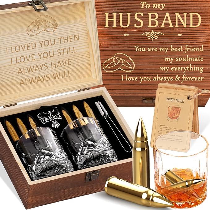 Oaksea for Him - Stainless Steel Engraved Whiskey Stones Glasses Set, Birthday Wedding Gift for Dad, Husband, Boyfriend, Fiance - Cool Bourbon Scotch Set